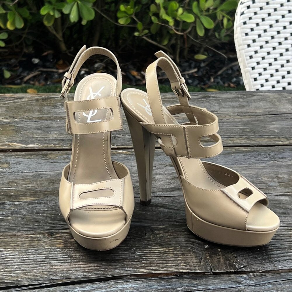 YSL Stiletto Platform Nude Cut Out Sandle Heels 6.5 37